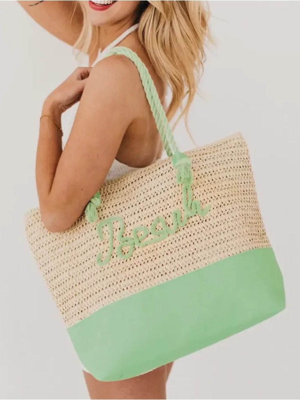 Pretty Simple Beach Bum Raffia Tote Bag Mint Green Zipper Closure Rope Strap NWT - Picture 3 of 3